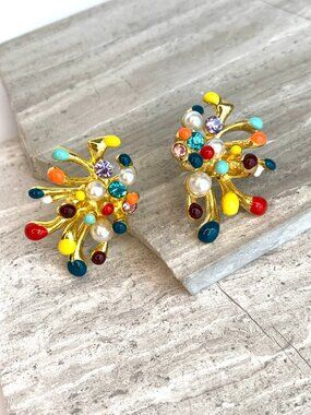 NEW~ Anthropologie Colorful Gold Dipped Abstract Floral Stud Statement Earrings